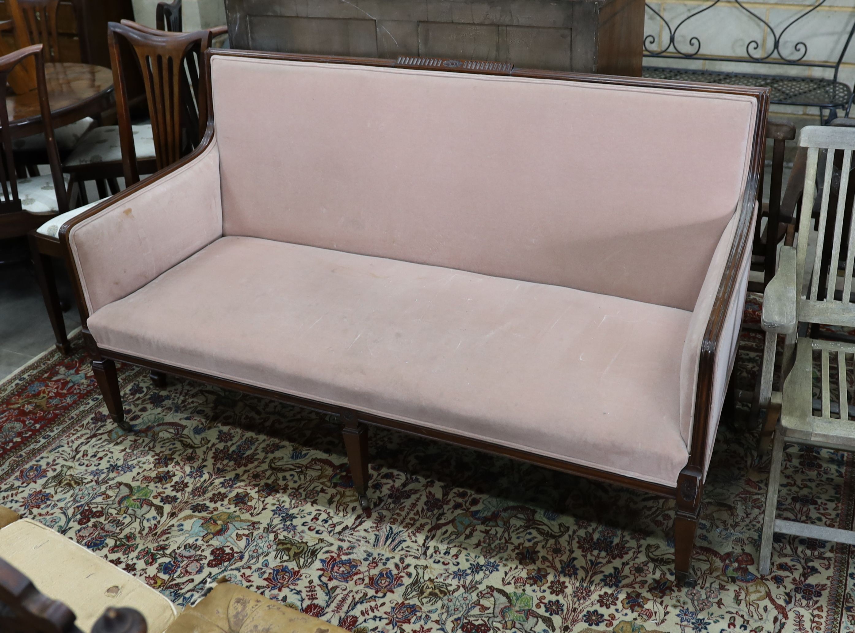 A late Victorian mahogany Show Wood frame sofa, on square tapering legs with castors, length 165cm, depth 66cm, height 96cm